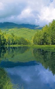 Preview wallpaper river, smooth surface, trees, hills, water