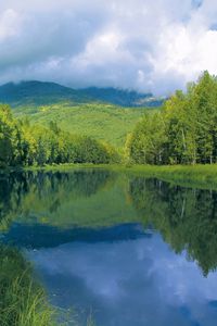 Preview wallpaper river, smooth surface, trees, hills, water