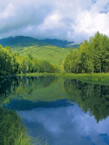 Preview wallpaper river, smooth surface, trees, hills, water