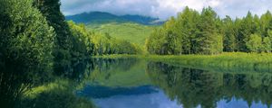 Preview wallpaper river, smooth surface, trees, hills, water