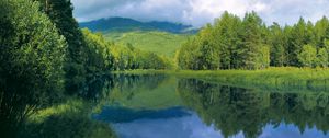 Preview wallpaper river, smooth surface, trees, hills, water