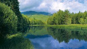 Preview wallpaper river, smooth surface, trees, hills, water