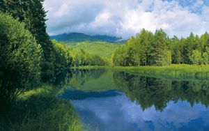 Preview wallpaper river, smooth surface, trees, hills, water