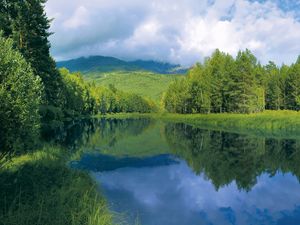 Preview wallpaper river, smooth surface, trees, hills, water