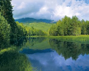 Preview wallpaper river, smooth surface, trees, hills, water