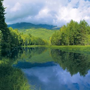 Preview wallpaper river, smooth surface, trees, hills, water