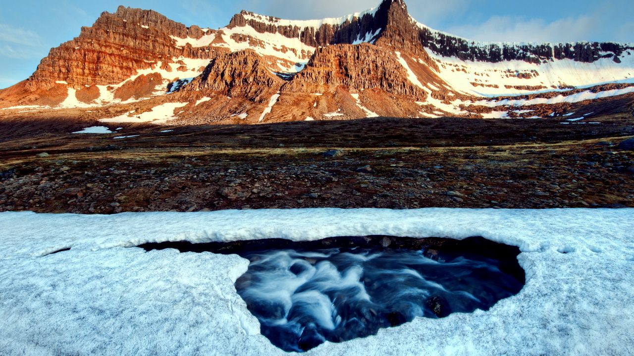 Wallpaper river, snow, crust, hole, stream, mountains, light