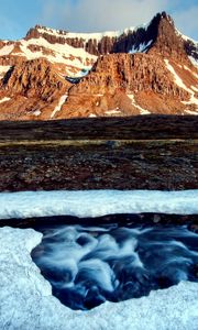 Preview wallpaper river, snow, crust, hole, stream, mountains, light