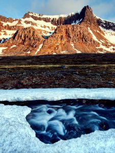 Preview wallpaper river, snow, crust, hole, stream, mountains, light