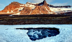 Preview wallpaper river, snow, crust, hole, stream, mountains, light