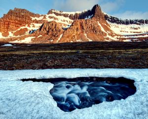 Preview wallpaper river, snow, crust, hole, stream, mountains, light