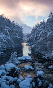 Preview wallpaper river, snow, current, mountain, trees, sky