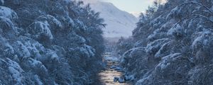 Preview wallpaper river, snow, current, mountain, trees, sky