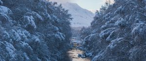 Preview wallpaper river, snow, current, mountain, trees, sky