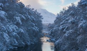 Preview wallpaper river, snow, current, mountain, trees, sky