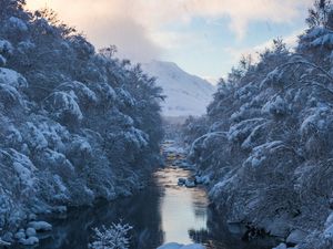 Preview wallpaper river, snow, current, mountain, trees, sky