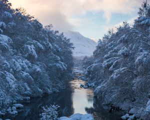 Preview wallpaper river, snow, current, mountain, trees, sky