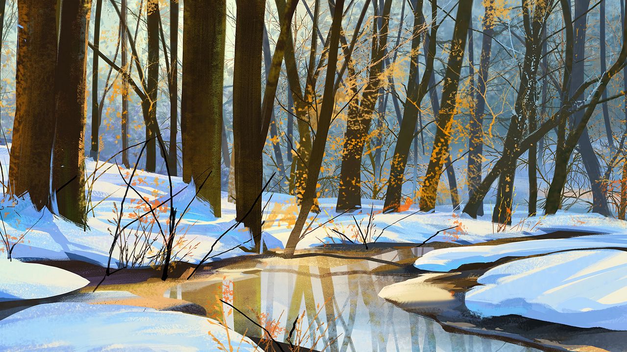 Wallpaper river, snow, spring, art