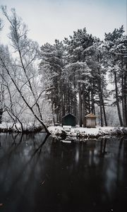 Preview wallpaper river, snow, trees, structure, winter