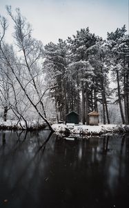 Preview wallpaper river, snow, trees, structure, winter
