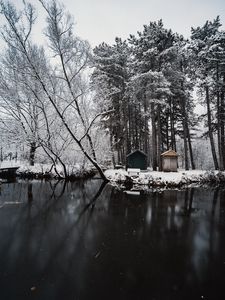 Preview wallpaper river, snow, trees, structure, winter