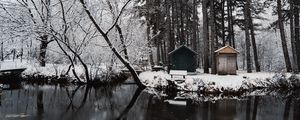 Preview wallpaper river, snow, trees, structure, winter