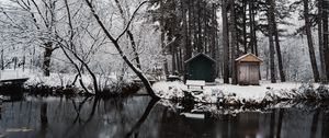 Preview wallpaper river, snow, trees, structure, winter