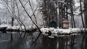 Preview wallpaper river, snow, trees, structure, winter