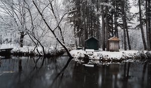 Preview wallpaper river, snow, trees, structure, winter
