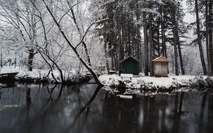 Preview wallpaper river, snow, trees, structure, winter