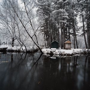 Preview wallpaper river, snow, trees, structure, winter