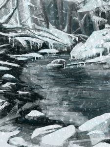 Preview wallpaper river, snow, trees, stones, winter, art