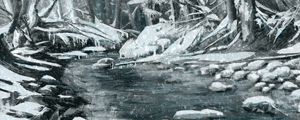 Preview wallpaper river, snow, trees, stones, winter, art
