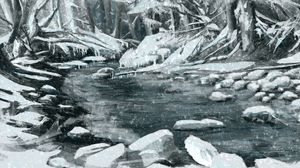 Preview wallpaper river, snow, trees, stones, winter, art