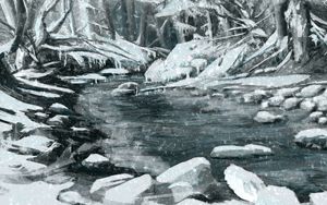 Preview wallpaper river, snow, trees, stones, winter, art