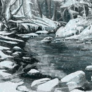 Preview wallpaper river, snow, trees, stones, winter, art
