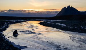 Preview wallpaper river, stone, shore, evening