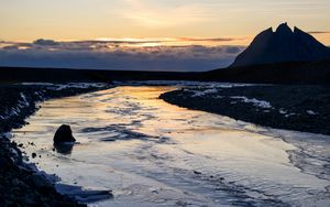 Preview wallpaper river, stone, shore, evening