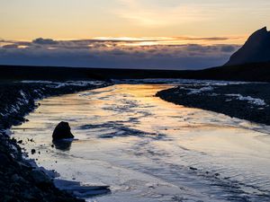 Preview wallpaper river, stone, shore, evening