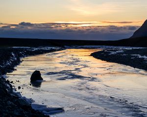 Preview wallpaper river, stone, shore, evening
