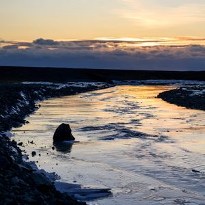 Preview wallpaper river, stone, shore, evening