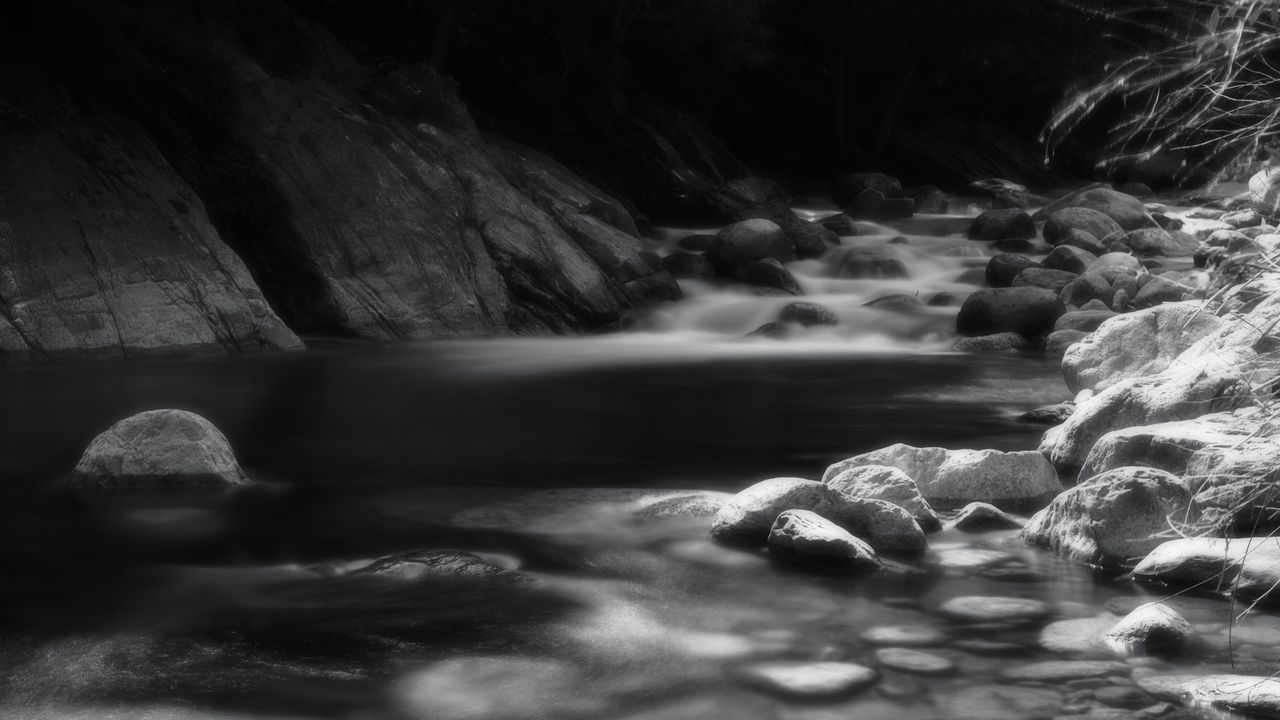 Wallpaper river, stones, black and white, landscape, nature