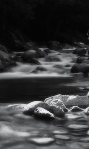 Preview wallpaper river, stones, black and white, landscape, nature