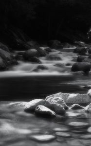 Preview wallpaper river, stones, black and white, landscape, nature
