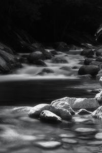 Preview wallpaper river, stones, black and white, landscape, nature