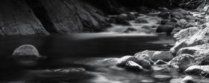 Preview wallpaper river, stones, black and white, landscape, nature