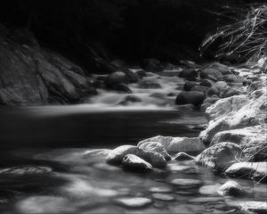 Preview wallpaper river, stones, black and white, landscape, nature