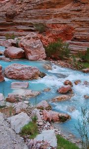 Preview wallpaper river, stones, blue water, mountain, rocks, grass, greens