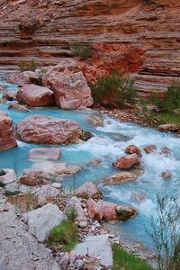 Preview wallpaper river, stones, blue water, mountain, rocks, grass, greens