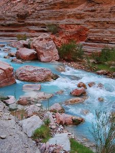 Preview wallpaper river, stones, blue water, mountain, rocks, grass, greens